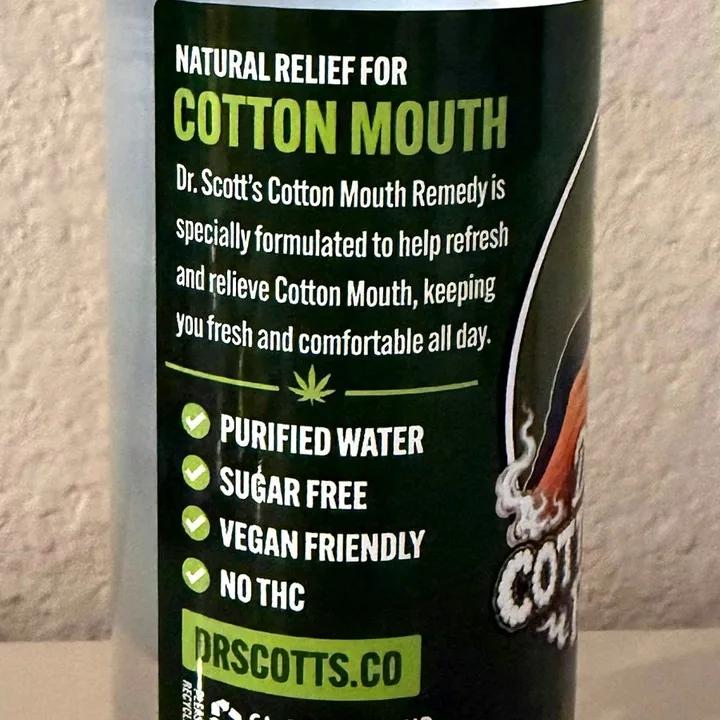 Bottle side panel: natural relief for cotton mouth, purified water, sugar free, vegan friendly, no THC